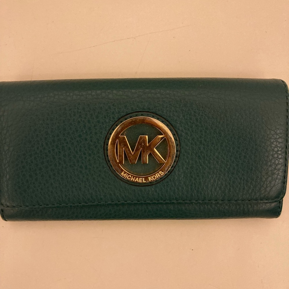 Michael Kors Dark Teal Pebbled Leather Wallet with Gold MK Emblem